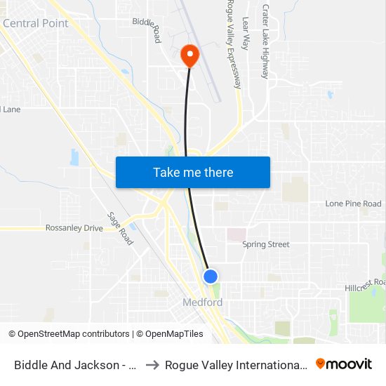 Biddle And Jackson - Medford Center to Rogue Valley International-Medford Airport map