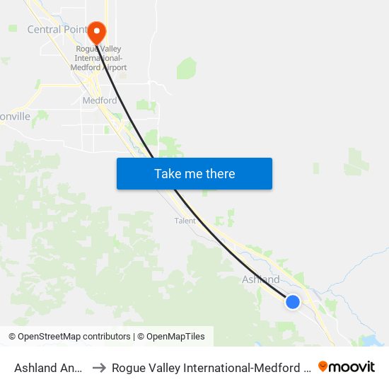 Ashland And Lit to Rogue Valley International-Medford Airport map