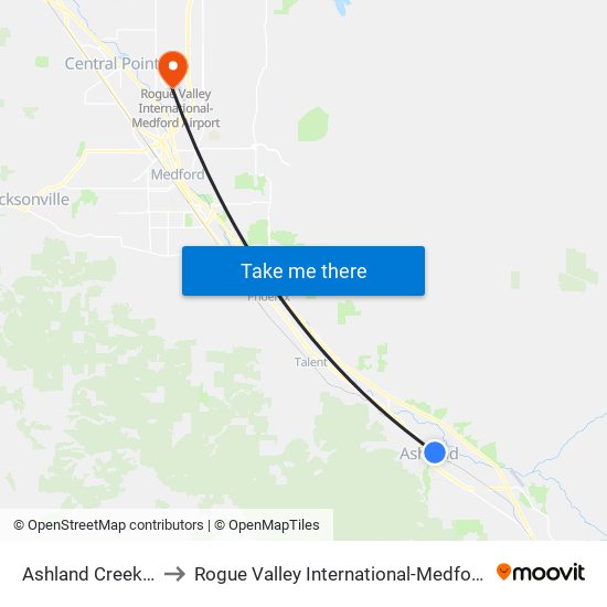 Ashland Creek Park to Rogue Valley International-Medford Airport map