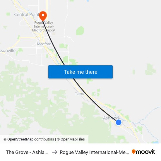 The Grove - Ashland Police to Rogue Valley International-Medford Airport map