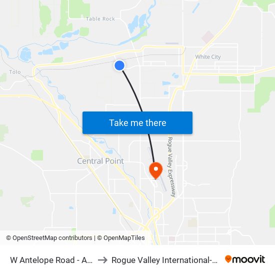 W Antelope Road - Amy's Kitchen to Rogue Valley International-Medford Airport map