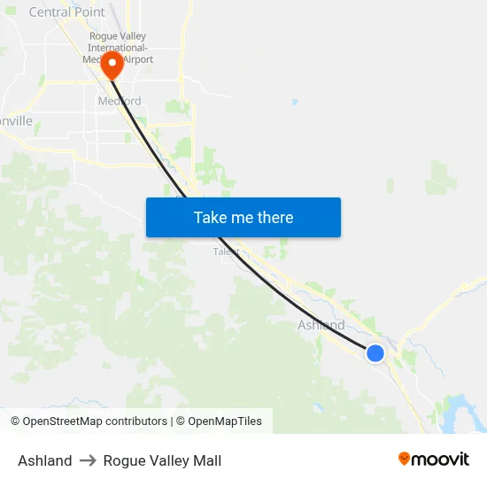 Ashland to Rogue Valley Mall map