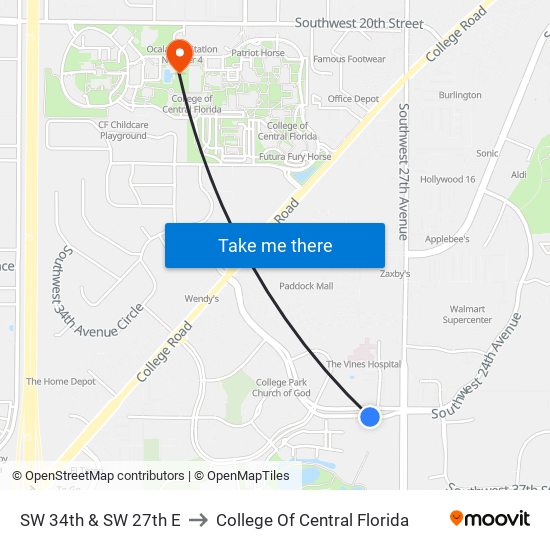 SW 34th & SW 27th E to College Of Central Florida map