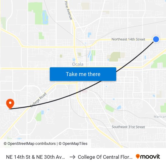 NE 14th St & NE 30th Ave W to College Of Central Florida map