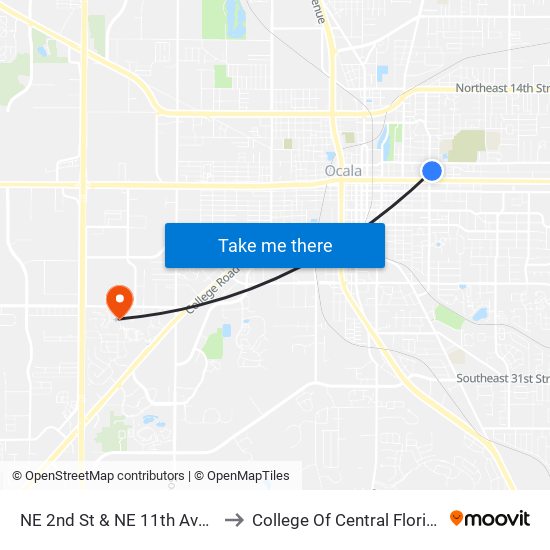 NE 2nd St & NE 11th Ave E to College Of Central Florida map