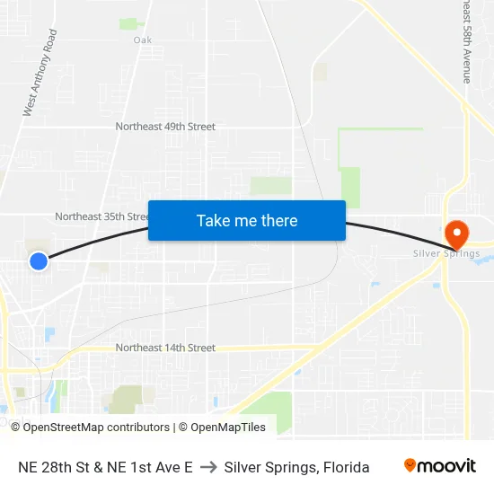 NE 28th St & NE 1st Ave  E to Silver Springs, Florida map