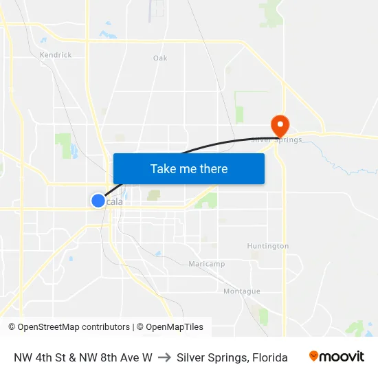 NW 4th St & NW 8th Ave W to Silver Springs, Florida map