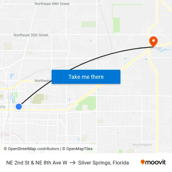 NE 2nd St & NE 8th Ave W to Silver Springs, Florida map