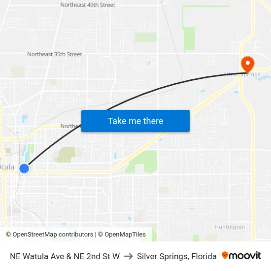 NE Watula Ave & NE 2nd St W to Silver Springs, Florida map