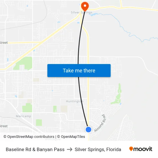 Baseline Rd & Banyan Pass to Silver Springs, Florida map