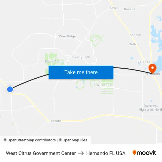 West Citrus Government Center to Hernando FL USA map