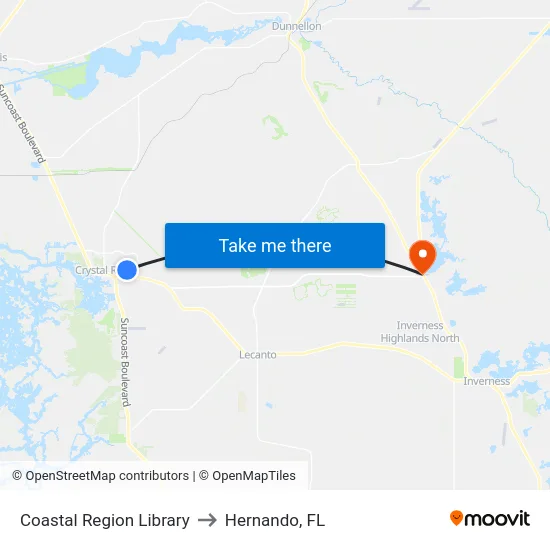 Coastal Region Library to Hernando, FL map