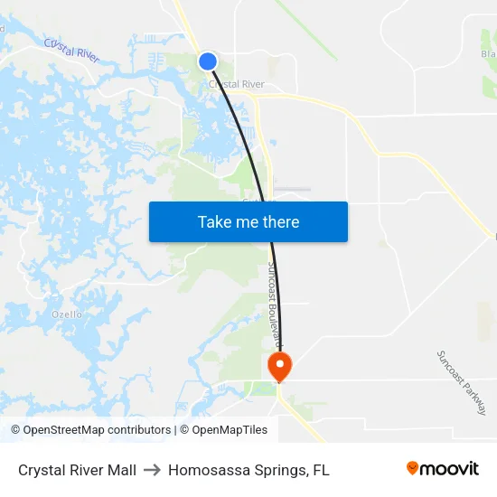 Crystal River Mall to Homosassa Springs, FL map