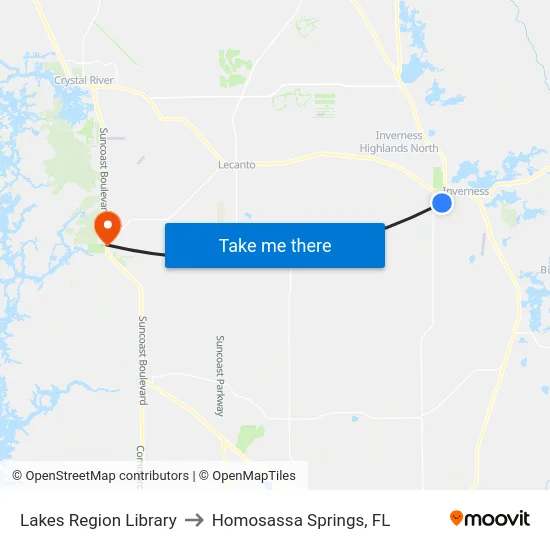 Lakes Region Library to Homosassa Springs, FL map