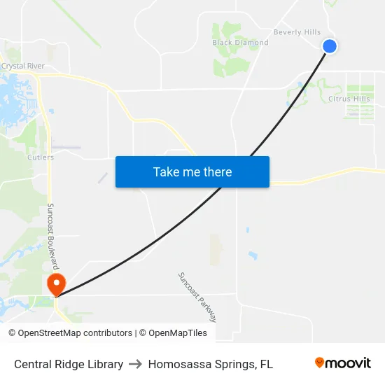 Central Ridge Library to Homosassa Springs, FL map