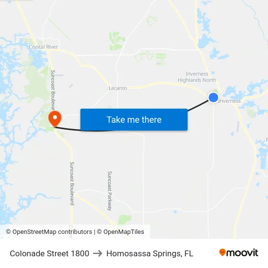 Colonade Street 1800 to Homosassa Springs, FL map