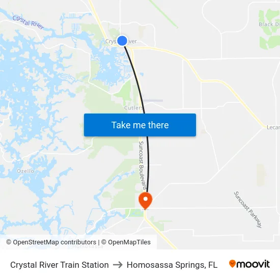 Crystal River Train Station to Homosassa Springs, FL map