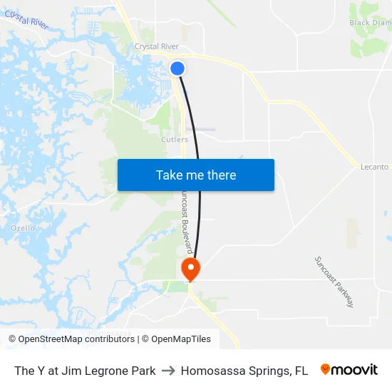 The Y at Jim Legrone Park to Homosassa Springs, FL map