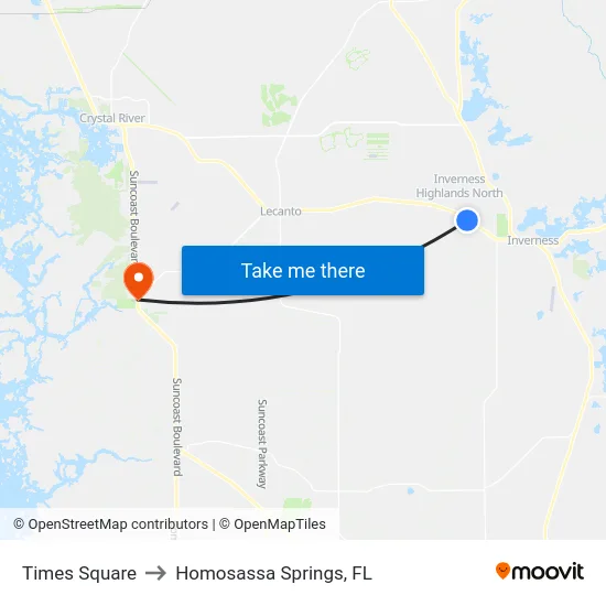 Times Square to Homosassa Springs, FL map
