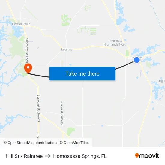 Hill St / Raintree to Homosassa Springs, FL map