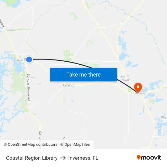 Coastal Region Library to Inverness, FL map