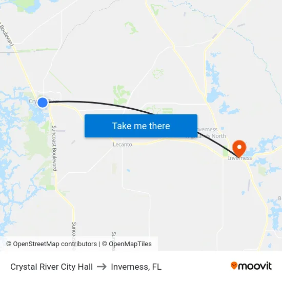 Crystal River City Hall to Inverness, FL map
