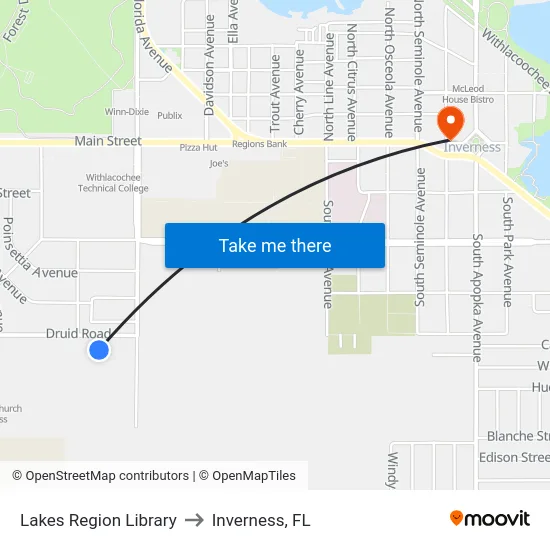 Lakes Region Library to Inverness, FL map