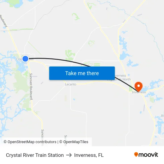 Crystal River Train Station to Inverness, FL map