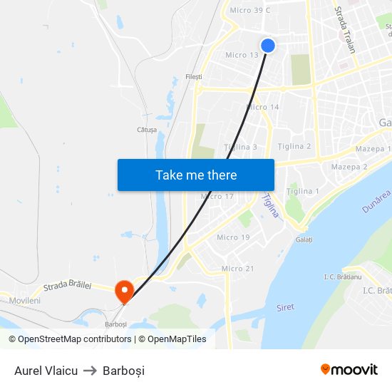Aurel Vlaicu to Barboși map