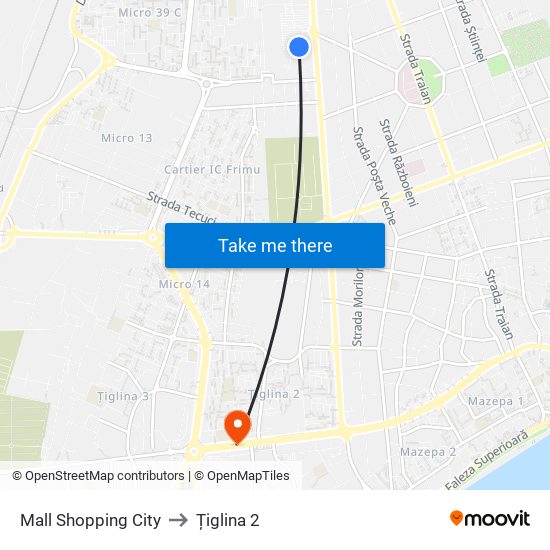 Mall Shopping City to Țiglina 2 map