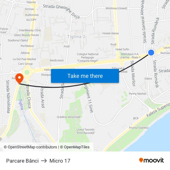 Parcare Bănci to Micro 17 map