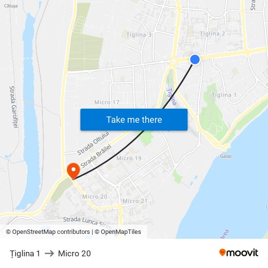 Țiglina 1 to Micro 20 map