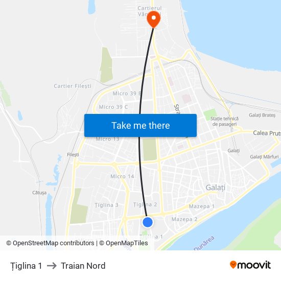 Țiglina 1 to Traian Nord map
