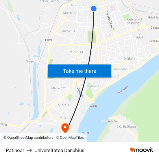 Patinoar to Universitatea Danubius map