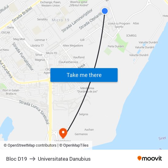 Bloc D19 to Universitatea Danubius map