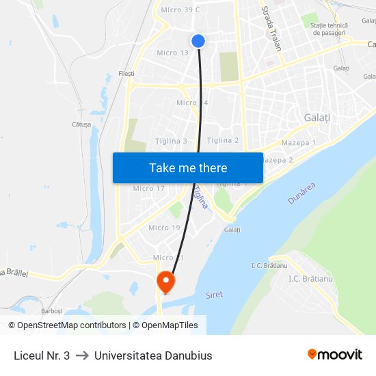 Liceul Nr. 3 to Universitatea Danubius map