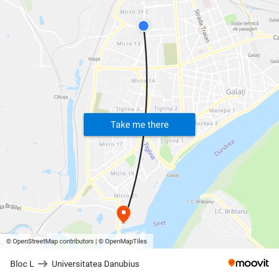 Bloc L to Universitatea Danubius map