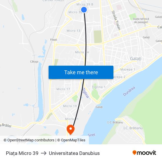 Piața Micro 39 to Universitatea Danubius map