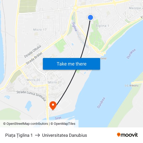 Piața Țiglina 1 to Universitatea Danubius map