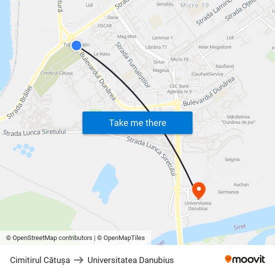 Cimitirul Cătușa to Universitatea Danubius map