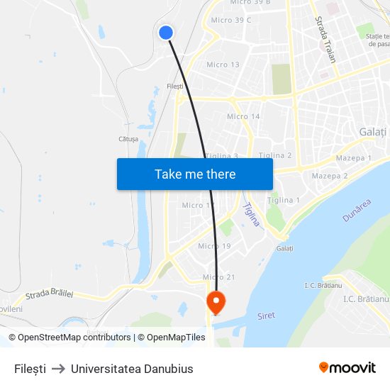 Filești to Universitatea Danubius map