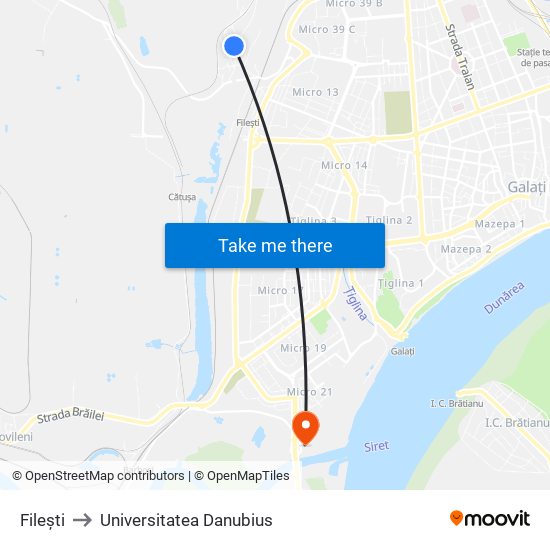 Filești to Universitatea Danubius map