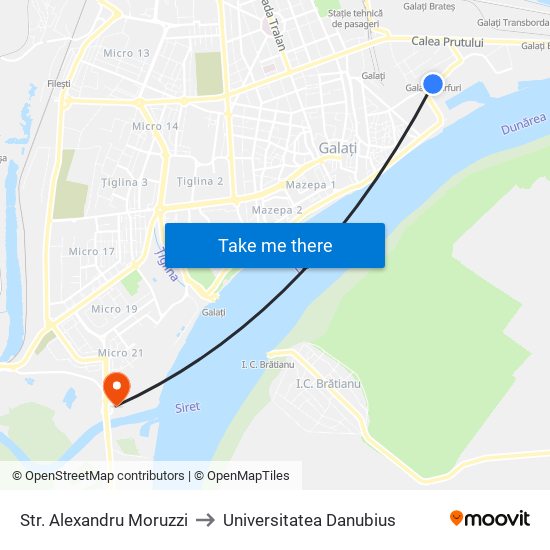 Str. Alexandru Moruzzi to Universitatea Danubius map