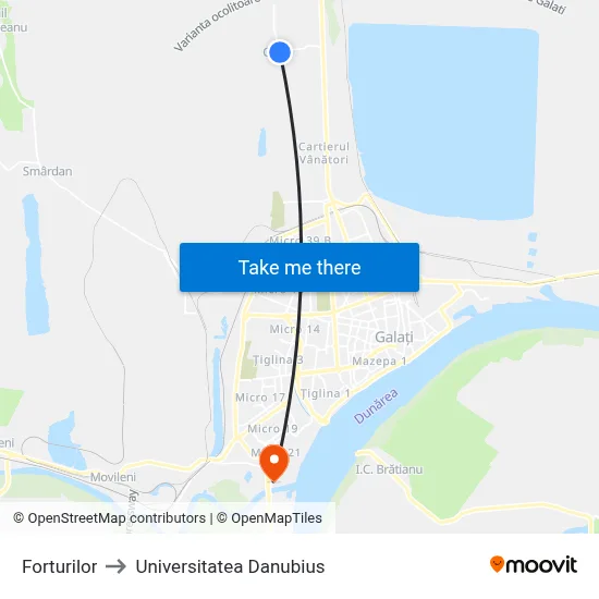 Forturilor to Universitatea Danubius map