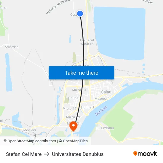 Stefan Cel Mare to Universitatea Danubius map