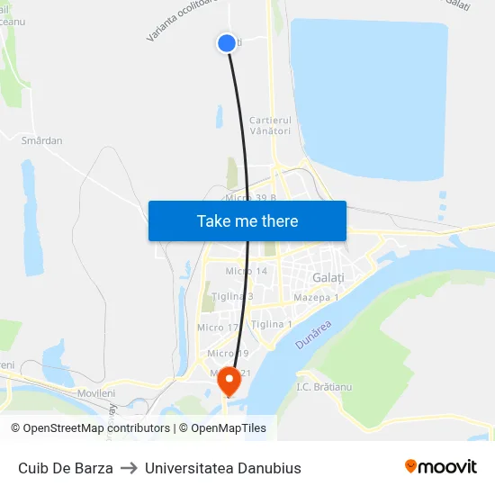 Cuib De Barza to Universitatea Danubius map
