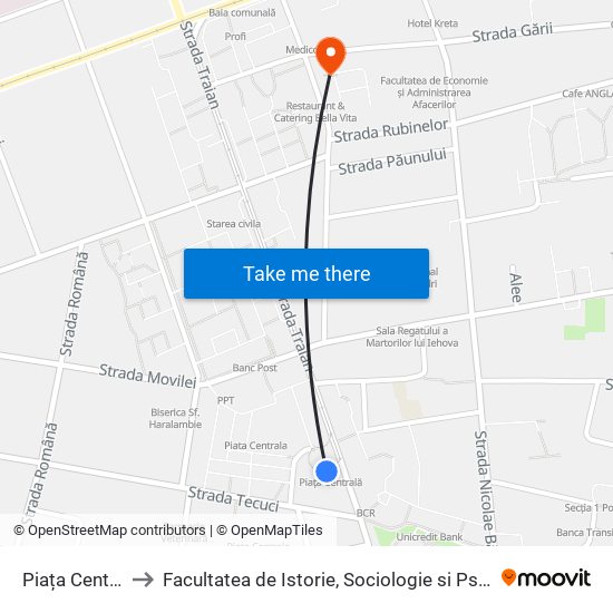 Piața Centrală to Facultatea de Istorie, Sociologie si Psihologie map