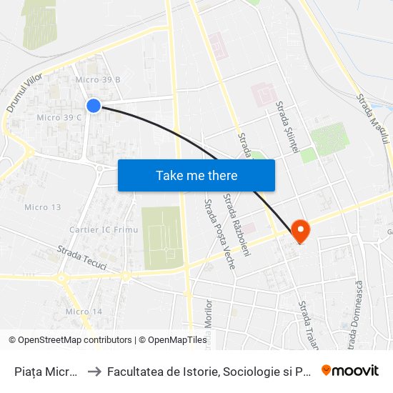 Piața Micro 39 to Facultatea de Istorie, Sociologie si Psihologie map