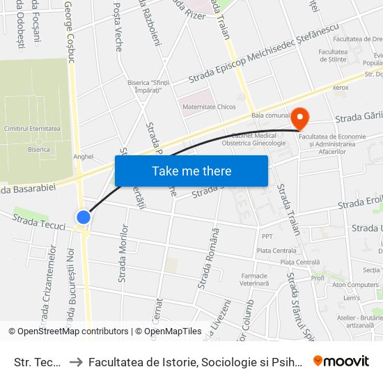 Str. Tecuci to Facultatea de Istorie, Sociologie si Psihologie map