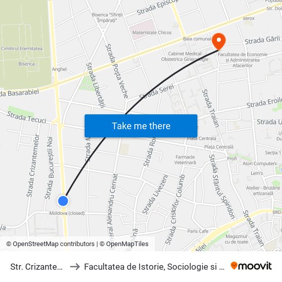 Str. Crizantemelor to Facultatea de Istorie, Sociologie si Psihologie map